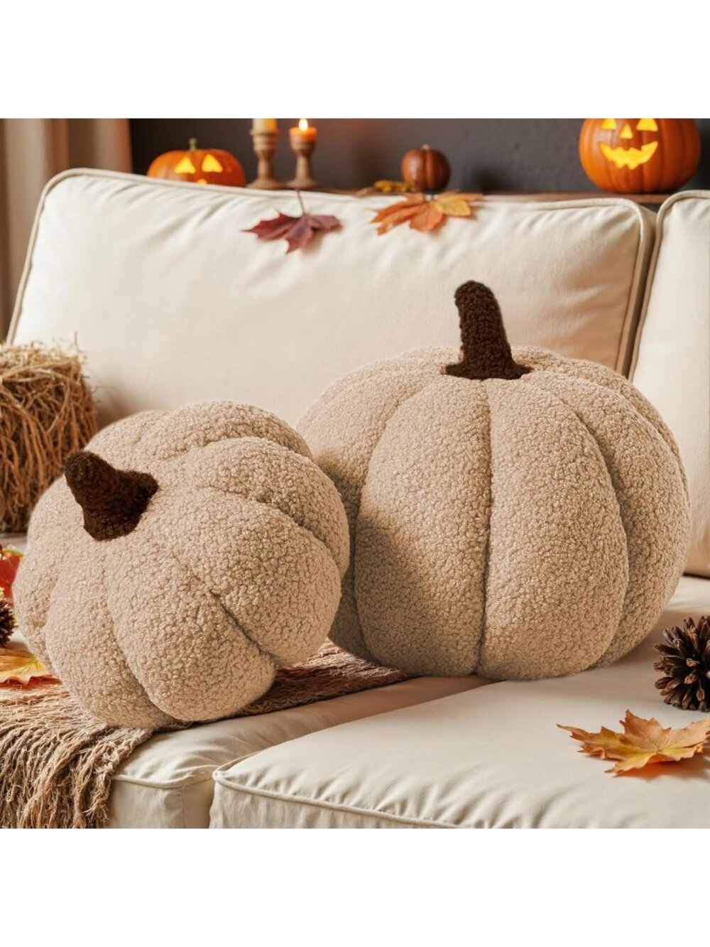 Set of 2 Off White Fall Pumpkin Pillows Halloween Decoration Soft Fleece Sherpa